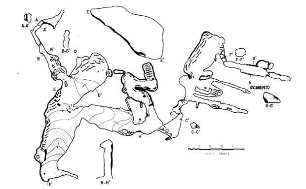 Perfil de la Cueva de los Muñecos. A aprtir de T. Torres Perezhidalgo, "Fuana fósil de la Cueva de los Muñecos, Abenójar (Ciudad Real)". Boletín Geológico y Minero. 1971.